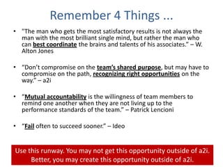 Remember 4 Things ...
• "The man who gets the most satisfactory results is not always the
man with the most brilliant single mind, but rather the man who
can best coordinate the brains and talents of his associates.” – W.
Alton Jones
• “Don’t compromise on the team’s shared purpose, but may have to
compromise on the path, recognizing right opportunities on the
way.” – a2i
• “Mutual accountability is the willingness of team members to
remind one another when they are not living up to the
performance standards of the team.” – Patrick Lencioni
• “Fail often to succeed sooner.” – Ideo
Use this runway. You may not get this opportunity outside of a2i.
Better, you may create this opportunity outside of a2i.
 