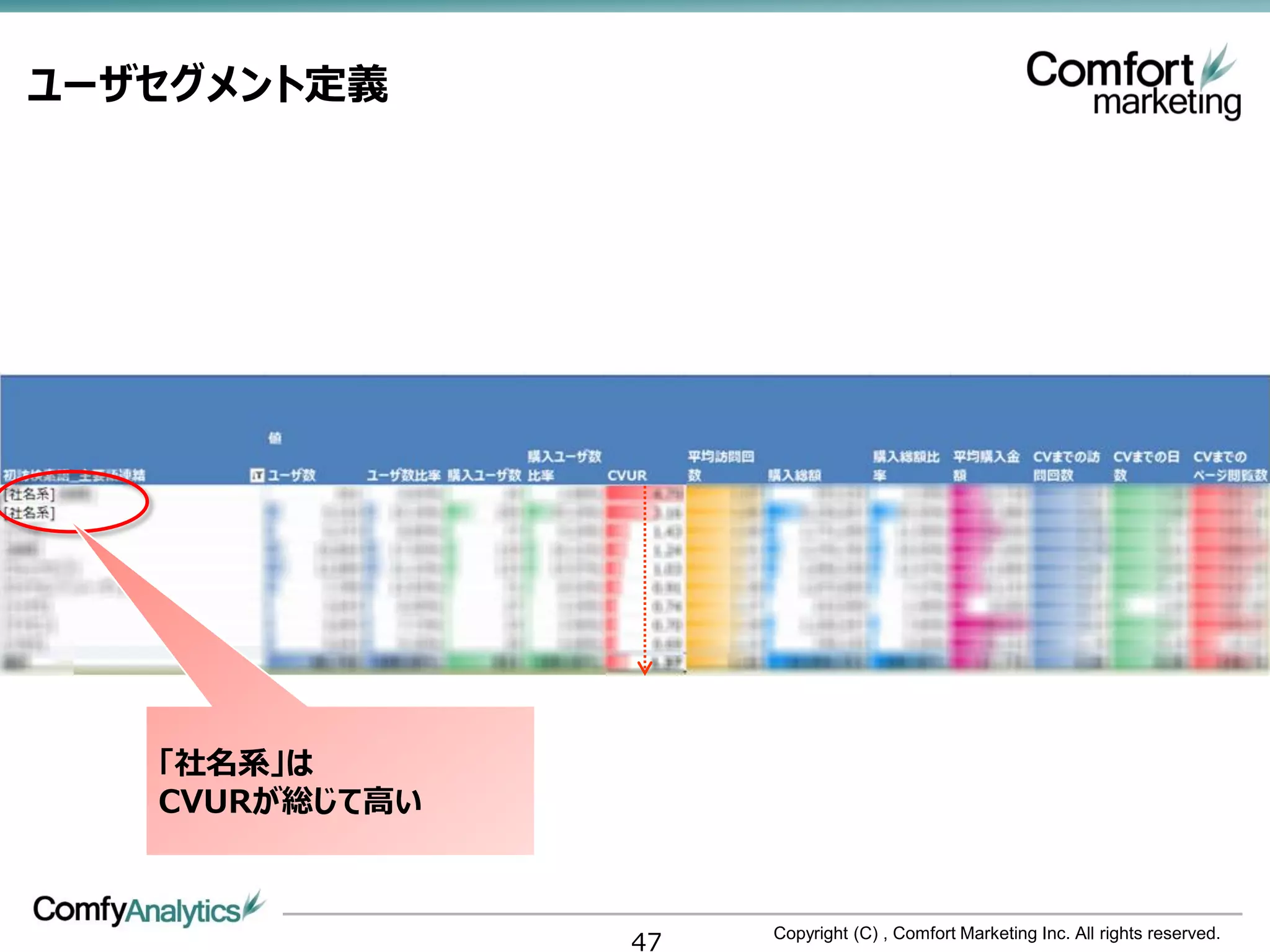 ユーザセグメント定義




   「社名系」は
   CVURが総じて高い



                47   Copyright (C) , Comfort Marketing Inc. All rights reserved.
 