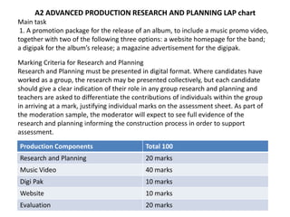 A2 ADVANCED PRODUCTION RESEARCH AND PLANNING LAP chart
Main task
 1. A promotion package for the release of an album, to include a music promo video,
together with two of the following three options: a website homepage for the band;
a digipak for the album’s release; a magazine advertisement for the digipak.

Marking Criteria for Research and Planning
Research and Planning must be presented in digital format. Where candidates have
worked as a group, the research may be presented collectively, but each candidate
should give a clear indication of their role in any group research and planning and
teachers are asked to differentiate the contributions of individuals within the group
in arriving at a mark, justifying individual marks on the assessment sheet. As part of
the moderation sample, the moderator will expect to see full evidence of the
research and planning informing the construction process in order to support
assessment.
Production Components                       Total 100
Research and Planning                       20 marks
Music Video                                 40 marks
Digi Pak                                    10 marks
Website                                     10 marks
Evaluation                                  20 marks
 
