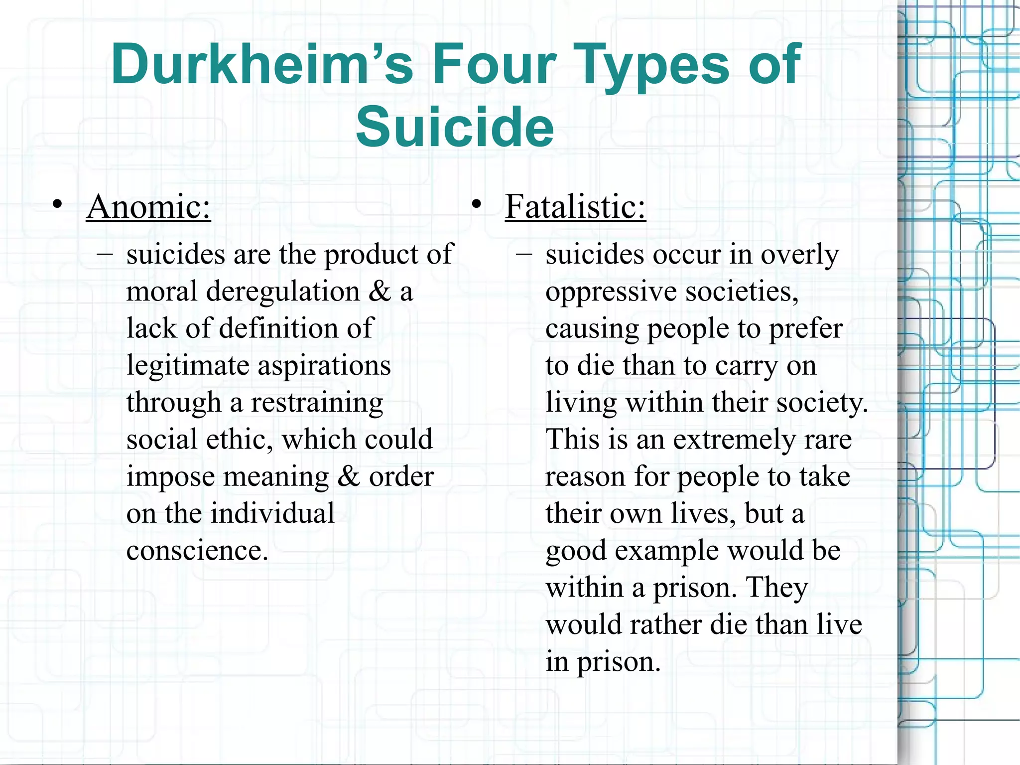 Durkheim’s Four Types of Suicide Anomic: suicides are the product of moral deregulation & a lack of definition of legitimate aspirations through a restraining social ethic, which could impose meaning & order on the individual conscience.  Fatalistic: suicides occur in overly oppressive societies, causing people to prefer to die than to carry on living within their society. This is an extremely rare reason for people to take their own lives, but a good example would be within a prison. They would rather die than live in prison. 