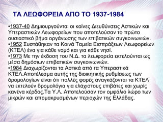 ΤΑ ΛΕΩΦΟΡΕΙΑ ΑΠΟ ΤΟ 1937-1984
●1937-40 Δημιουργούνται οι κοίνες Διευθύνσεις Αστικών και
Υπεραστικών Λεωφορείων που αποτελούσαν το πρώτο
ουσιαστικό βήμα οργάνωσης των επιβατικών συγκοινωνιών.
●1952 Συστάθηκαν τα Κοινά Ταμεία Εισπράξεων Λεωφορείων
(ΚΤΕΛ) ένα για κάθε νομό και για κάθε νησί.
●1973 Με την έκδοση του Ν.Δ. τα λεωφορεία εκτελούνται ως
μέσα δημόσιων επιβατικών συγκοινωνιών.
●1984 Διαχωρίζονται τα Αστικά από τα Υπεραστικά
ΚΤΕΛ.Αποτέλεσμα αυτής της διοικητικής ρυθμίσεως των
δρομολογίων είναι ότι πολλές φορές αναγκάζονται τα ΚΤΕΛ
να εκτελούν δρομολόγια για ελάχιστους επιβάτες και χωρίς
κανένα κέρδος.Τα Υ.Λ. Αποτελούσαν τον ομφάλιο λώρο των
μικρών και απομακρυσμένων περιοχών της Ελλάδας.
 