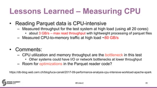 Lessons Learned – Measuring CPU
• Reading Parquet data is CPU-intensive
– Measured throughput for the test system at high ...