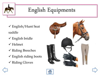 English Equipments
 English/Hunt Seat
saddle
 English bridle
 Helmet
 Riding Breeches
 English riding boots
 Riding Gloves
 