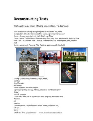 KMcCabe 2015 @evenbetterif www.slideshare.net/mccabekat
	
  
	
  
Deconstructing	
  Texts	
  
	
  
Technical	
  Elements	
  of	
  Moving	
  Image	
  (Film,	
  TV,	
  Gaming)	
  
	
  
Mise-­‐en-­‐Scene	
  /Framing	
  :	
  everything	
  that	
  is	
  included	
  in	
  the	
  frame	
  
Composition	
  :	
  How	
  the	
  elements	
  of	
  the	
  scene	
  or	
  frame	
  are	
  organised	
  
Camera	
  Angles:	
  Low,	
  Eye	
  level,	
  High,	
  Bird’s	
  eye,	
  Tilted	
  
Camera	
  Shots:	
  Establishing	
  or	
  Extreme	
  Long	
  shot,	
  Long	
  shot,	
  Medium	
  shot,	
  Point	
  of	
  View	
  
shot,	
  Over	
  The	
  Shoulder	
  shot,	
  Close-­‐up,	
  Extreme	
  Close-­‐up,	
  Bridging	
  shot,	
  shot/reverse	
  
shot	
  
Camera	
  Movement:	
  Panning,	
  Tilts,	
  Tracking,	
  	
  Zoom,	
  Aerial,	
  Handheld	
  
	
  
	
  
	
  
	
  
	
  
	
  
	
  
	
  
	
  
	
  
	
  
	
  
	
  
	
  
Editing:	
  Quick	
  cutting,	
  Cutaways,	
  Wipe,	
  Fades,	
  	
  
Montage	
  
B-­‐roll	
  footage	
  
Anchorage	
  
Sound:	
  Diegetic	
  and	
  Non-­‐diegetic	
  
Lighting:	
  high	
  key,	
  low	
  key,	
  filtered,	
  saturated	
  and	
  de-­‐saturated	
  
Colour	
  
Icons	
  &	
  Symbols	
  	
  
Character	
  –	
  dress,	
  facial	
  expression,	
  body	
  language,	
  representation	
  
Weather	
  
Set	
  	
  
Location	
  
Contrast	
  (music	
  –	
  asynchronous	
  sound,	
  image,	
  voiceover	
  etc.)	
  
Set-­‐ups	
  
Idents	
  
 