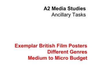 Exemplar British Film Posters
Different Genres
Medium to Micro Budget
A2 Media Studies
Ancillary Tasks
 