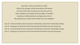 Dear Slim, I wrote you but still ain't callin'
I left my cell, my pager, and my home phone at the bottom
I sent two letters back in autumn, you must not-a got 'em
There probably was a problem at the post office or somethin'
Sometimes I scribble addresses too sloppy when I jot 'em
But anyways, fuck it, what's been up? Man how's your daughter?
Line 14 - A shot of another picture, the pictures will develop to show their relationship evolving.
Line 15 - Zooming in on the picture until it becomes blurred and then onto the next picture.
Line 16 - A shot of another picture, the pictures will develop to show their relationship evolving.
Line 17 - Zooming in on the picture until it becomes blurred and then onto the next picture.
 