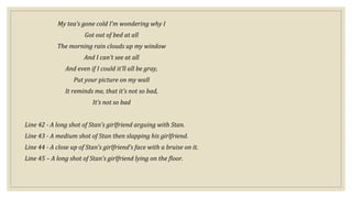 My tea’s gone cold I’m wondering why I
Got out of bed at all
The morning rain clouds up my window
And I can’t see at all
And even if I could it’ll all be gray,
Put your picture on my wall
It reminds me, that it’s not so bad,
It’s not so bad
Line 42 - A long shot of Stan’s girlfriend arguing with Stan.
Line 43 - A medium shot of Stan then slapping his girlfriend.
Line 44 - A close up of Stan’s girlfriend’s face with a bruise on it.
Line 45 – A long shot of Stan’s girlfriend lying on the floor.
 