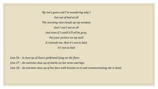 My tea's gone cold I'm wondering why I
Got out of bed at all
The morning rain clouds up my window
And I can't see at all
And even if I could it'll all be gray,
Put your picture on my wall
It reminds me, that it's not so bad,
It's not so bad
Line 56 – A close up of Stan’s girlfriend lying on the floor.
Line 57 – An extreme close up of marks on her arms and legs.
Line 58 – An extreme close up of her face with bruises on it and communicating she is dead.
 