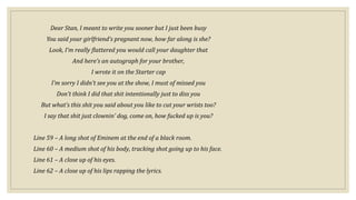 Dear Stan, I meant to write you sooner but I just been busy
You said your girlfriend’s pregnant now, how far along is she?
Look, I’m really flattered you would call your daughter that
And here’s an autograph for your brother,
I wrote it on the Starter cap
I’m sorry I didn’t see you at the show, I must of missed you
Don’t think I did that shit intentionally just to diss you
But what’s this shit you said about you like to cut your wrists too?
I say that shit just clownin’ dog, come on, how fucked up is you?
Line 59 – A long shot of Eminem at the end of a black room.
Line 60 – A medium shot of his body, tracking shot going up to his face.
Line 61 – A close up of his eyes.
Line 62 – A close up of his lips rapping the lyrics.
 