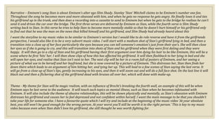 Narrative – Eminem’s song Stan is about Eminem’s alter ego Slim Shady. Stanley ‘Stan’ Mitchell claims to be Eminem’s number one fan.
Throughout the song he becomes more and more obsessed with him, and when he gets no response he gets angry. He finally loses it and ties
his girlfriend up in the trunk, and then does a recording into a cassette to send to Eminem but when he gets to the bridge he realises he can’t
send it and drives the car over the bridge. The first three verses are delivered by Eminem as Stan, while the fourth verse is Slim Shady
writing back to Stan. In this verse he tries to help Stan to become more mentally stable so that he doesn’t hurt himself or his girlfriend only
to find out that he was the man on the news that killed himself and his girlfriend, and Slim Shady had already heard about this
I want the storyline to my music video to be similar to Eminem’s version but I would like to do role reverse and have it from the girlfriends
perspective, I would also like it to be a very subvert music video. I will start with a medium shot of Stan’s girlfriend lying in bed, and then a
transition into a close up of her face particularly the eyes because you can tell someone’s emotion’s just from their eye’s. She will then close
her eyes as if she is going to cry, and this will transition into shots of Stan and his girlfriend when they were first dating and they were
happy. It will then go to a clip of Stan and his girlfriend having their first argument over him dying his hair to be like Eminem, this will be a
scene where he first ‘hits’ her. I will then show clips of how this has affected his girlfriend. It will then flashback to her lying in bed and she
will open her eyes, and realise that Stan isn’t next to her. The next clip will be her in a room full of posters of Eminem, and her seeing a
picture of what use to be herself and her boyfriend, but she is now covered by a picture of Eminem. This distresses her, Stan then finds her
down there which leads to an argument of him hitting her, and tying her up. This will lead to a few scenes of Stan saying the last verse. It
will go from a close up of Stan’s lips, gently increasing to his eyes, and then it will zoom out and will do a full face shot. On the last line it will
black out and then a flickering shot of the girlfriend dead with bruises all over her, which will done with make-up.
Theme - My theme for Stan will be magic realism, with an influence of Brecht’s breaking the fourth wall, an example of this will be when
Eminem says he last verse to the audience. It will touch such topics as mental illness, such as Stan when he becomes infatuated with
Eminem. It will also include the theme of abusive relationships, this will be shown physically and mentally, as Stan’s obsession with Eminem
distresses his girlfriend and causes her to feel depressed and not confident within herself. I want the main message to be that you shouldn’t
take your life for someone else. I have a favourite quote which I will try and include at the beginning of the music video ‘At your absolute
best, you still won’t be good enough for the wrong person. At your worst you’ll still be worth it to the right person.’ This is key to my music
video because even when Stan didn’t love his girlfriend, she still thought he was worth fighting for.
 