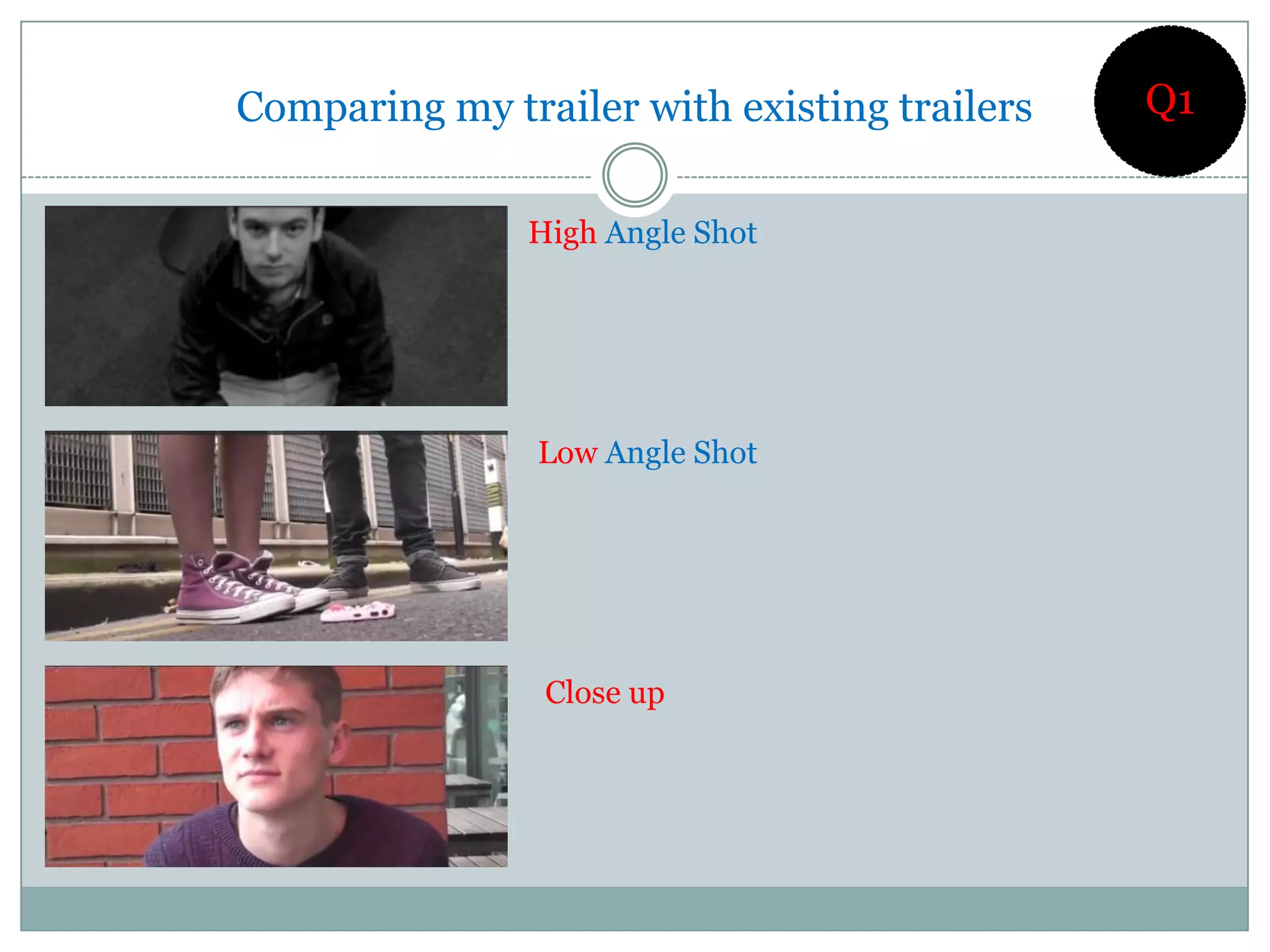 Comparing my trailer with existing trailers   Q1


               High Angle Shot




                Low Angle Shot




                Close up
 