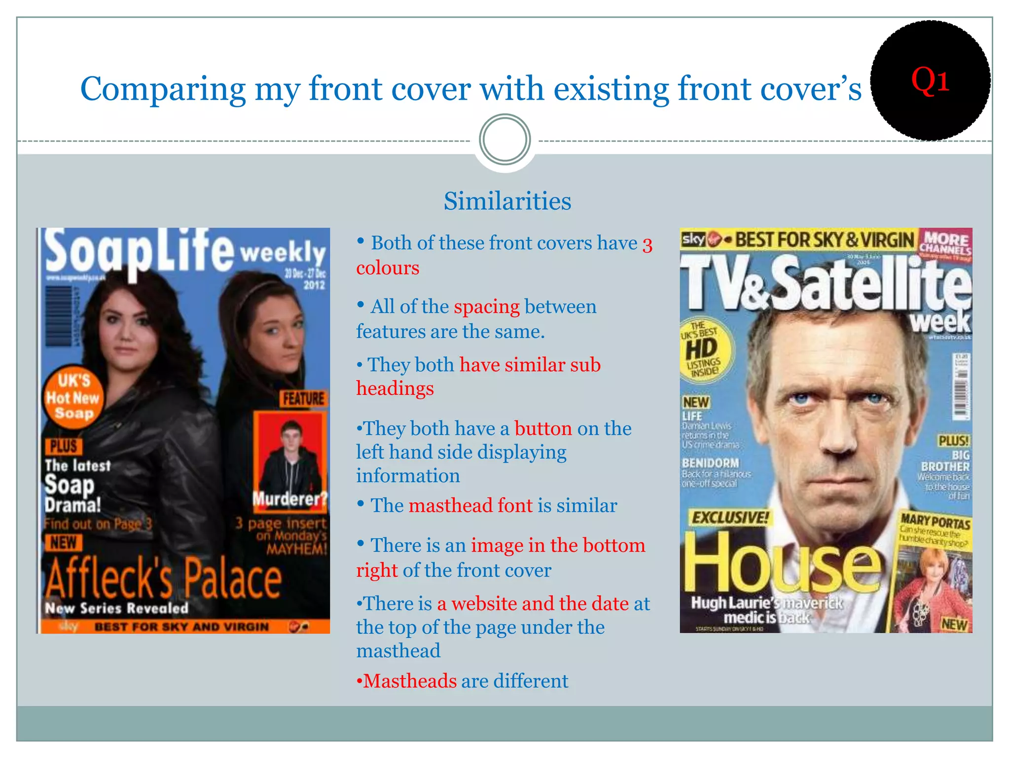 Comparing my front cover with existing front cover’s    Q1


                            Similarities
                  • Both of these front covers have 3
                  colours
                  • All of the spacing between
                  features are the same.
                  • They both have similar sub
                  headings

                  •They both have a button on the
                  left hand side displaying
                  information
                  • The masthead font is similar
                  • There is an image in the bottom
                  right of the front cover
                  •There is a website and the date at
                  the top of the page under the
                  masthead
                  •Mastheads are different
 