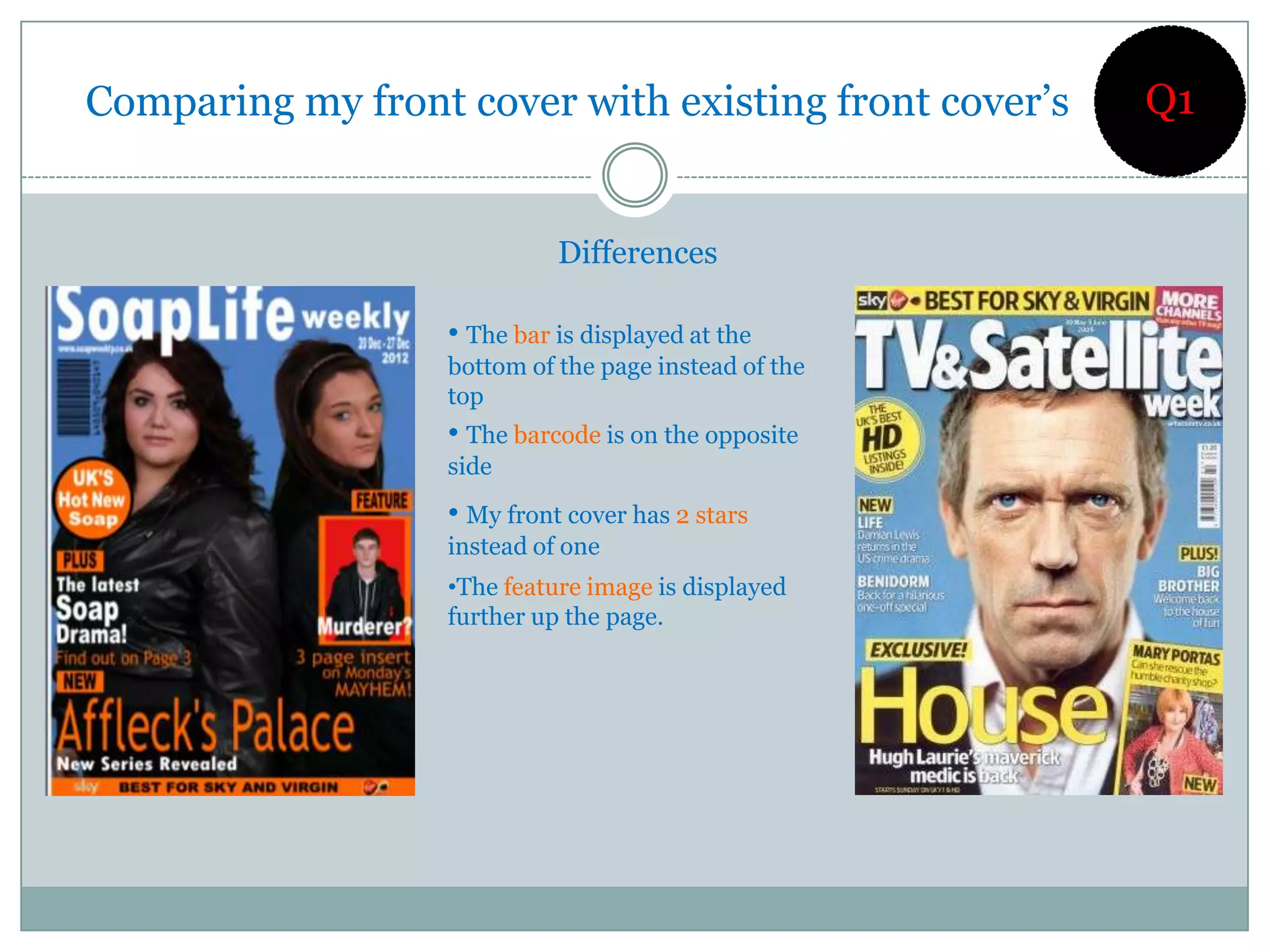 Comparing my front cover with existing front cover’s   Q1


                             Differences

                   • The bar is displayed at the
                   bottom of the page instead of the
                   top
                   • The barcode is on the opposite
                   side
                   • My front cover has 2 stars
                   instead of one
                   •The feature image is displayed
                   further up the page.
 
