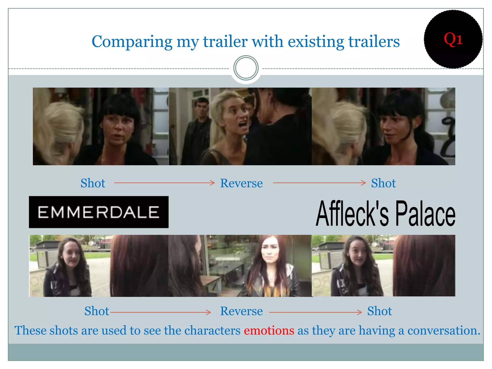Comparing my trailer with existing trailers                      Q1




            Shot                     Reverse                     Shot




            Shot                     Reverse                     Shot
These shots are used to see the characters emotions as they are having a conversation.
 