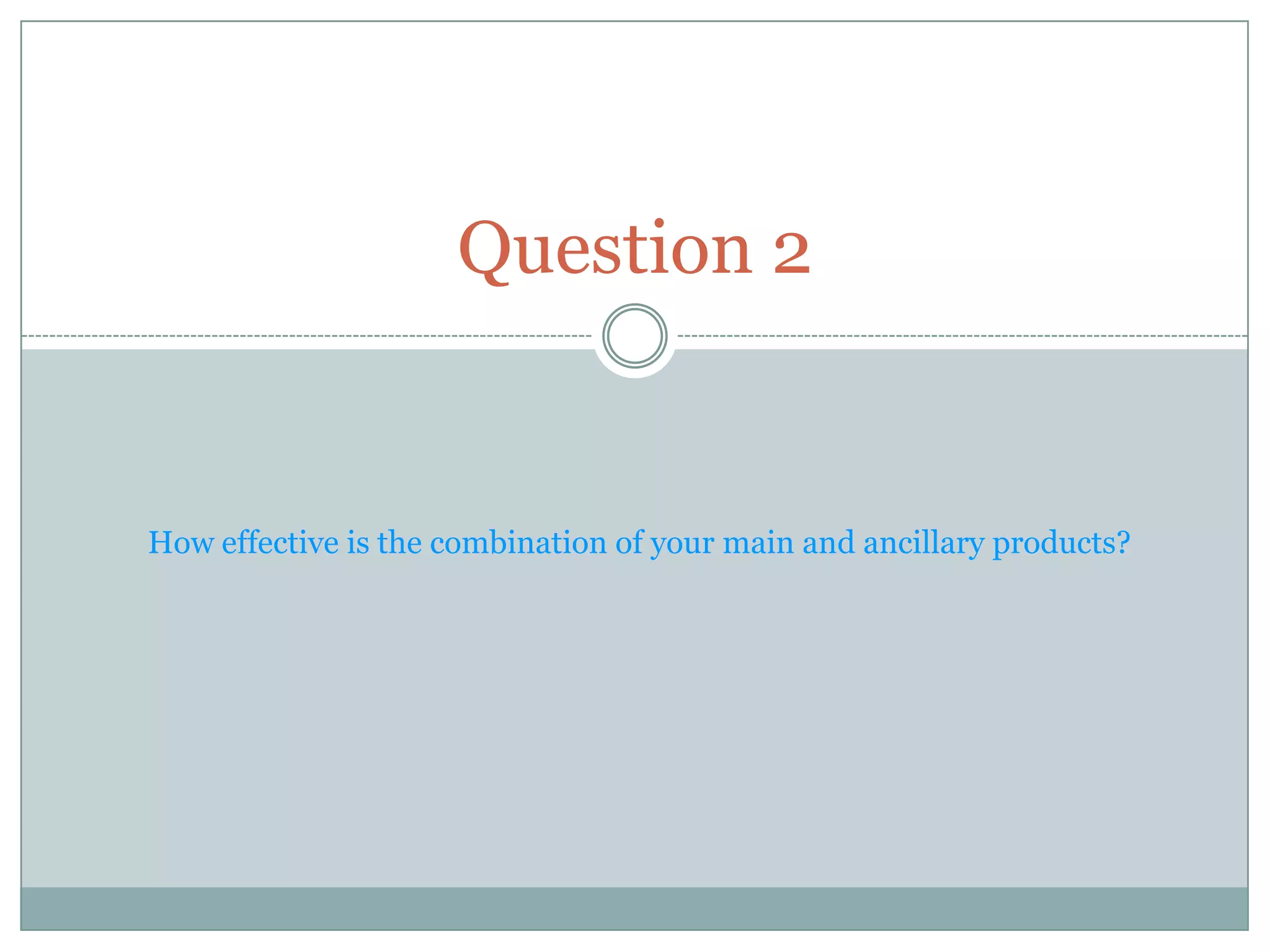 Question 2


How effective is the combination of your main and ancillary products?
 
