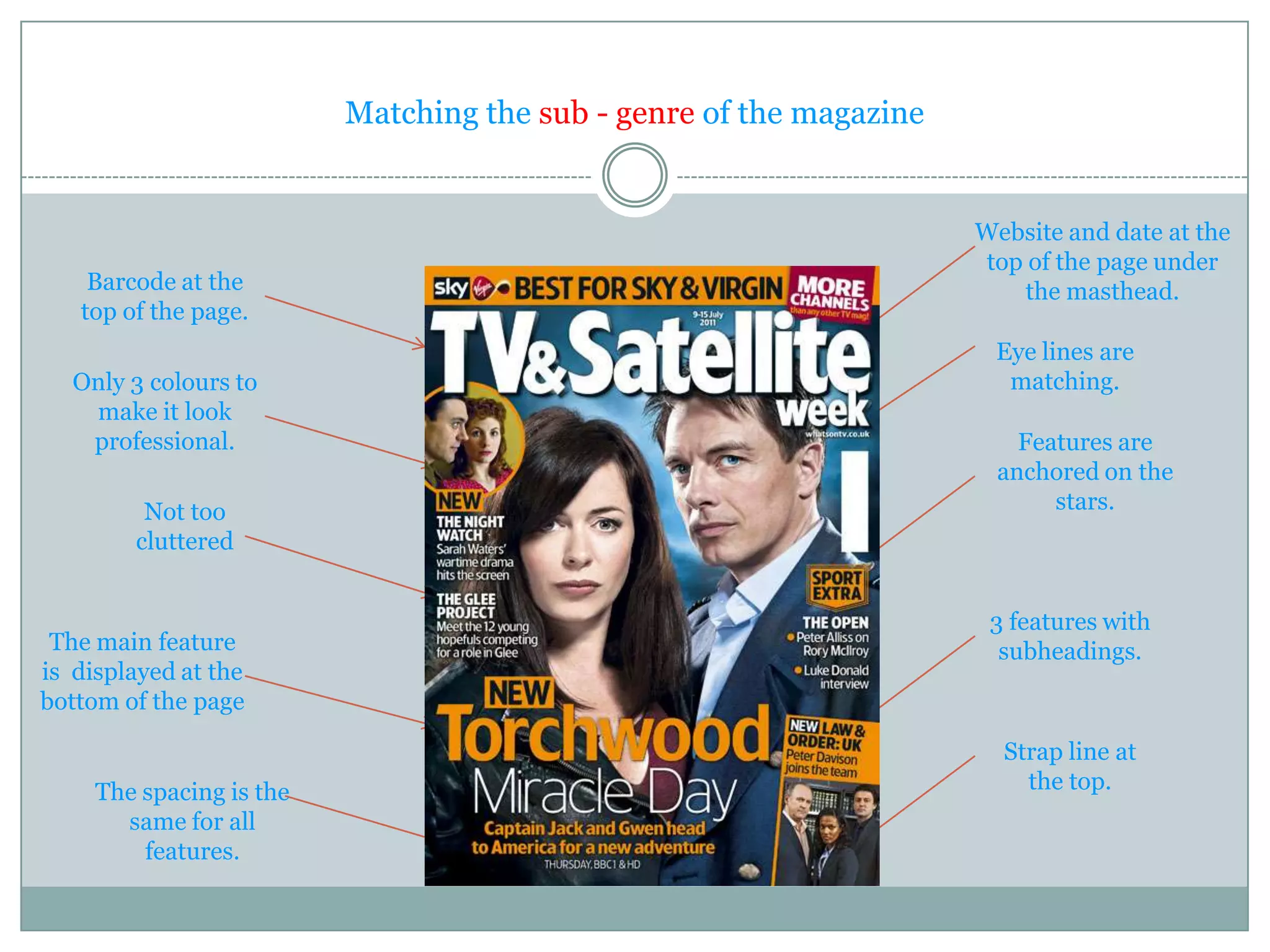 Matching the sub - genre of the magazine


                                                                     Website and date at the
                                                                     top of the page under
    Barcode at the                                                      the masthead.
   top of the page.
                                                                      Eye lines are
   Only 3 colours to                                                   matching.
    make it look
    professional.                                                        Features are
                                                                       anchored on the
         Not too                                                            stars.
        cluttered


                                                                      3 features with
 The main feature                                                      subheadings.
is displayed at the
bottom of the page

                                                                       Strap line at
     The spacing is the                                                  the top.
       same for all
         features.
 