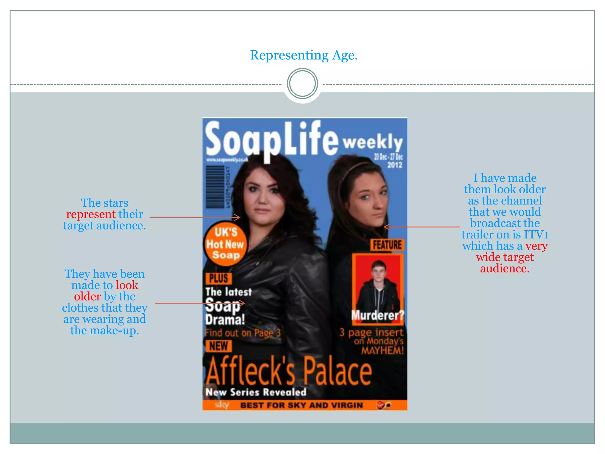 Representing Age.




                                           I have made
                                         them look older
    The stars                             as the channel
 represent their                          that we would
target audience.                          broadcast the
                                        trailer on is ITV1
                                        which has a very
                                            wide target
They have been                               audience.
  made to look
   older by the
clothes that they
are wearing and
  the make-up.
 