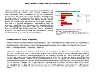What have you learned from your audience feedback?
I then went onto asking what was my audiences favourite advert was and
why. I wanted to ask this question because it basically would tell me what
advert the audience found most interesting and why. From analysing my
answers (some are shared below) I found out that my sponsorship was
the most popular. One audience member stated how they liked the
sponsorship because “it looked real” and another audience member
enjoyed the “costume, props, decorations and music” in the sponsorship.
This links to my previous questionnaire I created before making my
adverts as I asked what event the audience have attended in the last
year, and wedding was in the top three, which told me it was one of the
most popular events. This impacted my projected because I then created
a wedding in my sponsorship sequence which evidently had a positive
effect on the audience as it was the most popular advert .
Previous audience survey – can be seen at
https://docs.google.com/forms/d/18zB-
tYwgwpw630LWfHE4191enX4LC_ut49LIGoGeWso/view
analytics
Furthermore, I did also receive responses about other adverts being the favourite. The second popular advert was both my
radio and TV advert one. Each of these adverts received both the same amount of positive feedback. When audiences
described why they enjoyed my radio advert they said how “the voices were very clear and it was entertaining to listen to” and
how “the male speaker was very persuading and sounded genuine” which tells me sound and dialogue wise, I have been
successful. Moreover, for my TV advert one the audience commented on how they enjoyed “the main character interacting with
the real event” showing me that combining the two styles (presentation and slice of life) has been successful and my audience
find this enjoyable. Therefore, my TV advert two was commented least upon telling me it is my least exciting advert.
However, audiences who did enjoy the advert said that they liked “hearing about customers talk about their experience” and
some liked how “the advert flowed” telling me that I have still been successful with this advert, just not as successful as the
others.
 