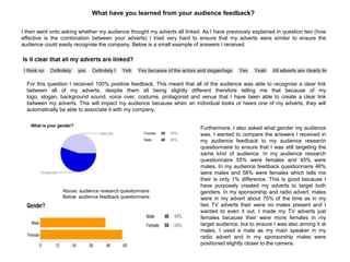 What have you learned from your audience feedback?
I then went onto asking whether my audience thought my adverts all linked. As I have previously explained in question two (how
effective is the combination between your adverts) I tried very hard to ensure that my adverts were similar to ensure the
audience could easily recognise the company. Below is a small example of answers I received.
For this question I received 100% positive feedback. This meant that all of the audience was able to recognise a clear link
between all of my adverts, despite them all being slightly different therefore telling me that because of my
logo, slogan, background sound, voice over, costume, protagonist and venue that I have been able to create a clear link
between my adverts. This will impact my audience because when an individual looks or hears one of my adverts, they will
automatically be able to associate it with my company.
Furthermore, I also asked what gender my audience
was. I wanted to compare the answers I received in
my audience feedback to my audience research
questionnaire to ensure that I was still targeting the
same kind of audience. In my audience research
questionnaire 55% were females and 45% were
males. In my audience feedback questionnaire 46%
were males and 58% were females which tells me
their is only 1% difference. This is good because I
have purposely created my adverts to target both
genders. In my sponsorship and radio advert, males
were in my advert about 75% of the time as in my
two TV adverts their were no males present and I
wanted to even it out. I made my TV adverts just
females because their were more females in my
target audience, but to ensure I was also aiming it at
males, I used a male as my main speaker in my
radio advert and in my sponsorship males were
positioned slightly closer to the camera.
Above: audience research questionnaire
Below: audience feedback questionnaire
 