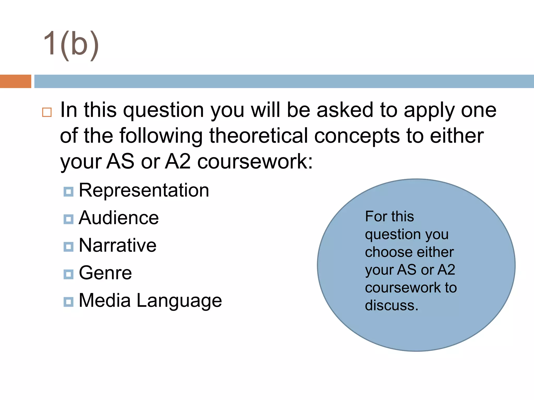 1(b)In this question you will be asked to apply one of the following theoretical concepts to either your AS or A2 coursework:RepresentationAudienceNarrativeGenreMedia LanguageFor this question you choose either your AS or A2 coursework to discuss.