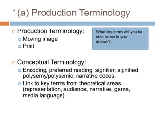 1(a) Production TerminologyProduction Terminology:      Moving imagePrint Conceptual Terminology:Encoding, preferred reading, signifier, signified, polysemy/polysemic, narrative codes.Link to key terms from theoretical areas (representation, audience, narrative, genre, media language)What key terms will you be able to use in your answer?