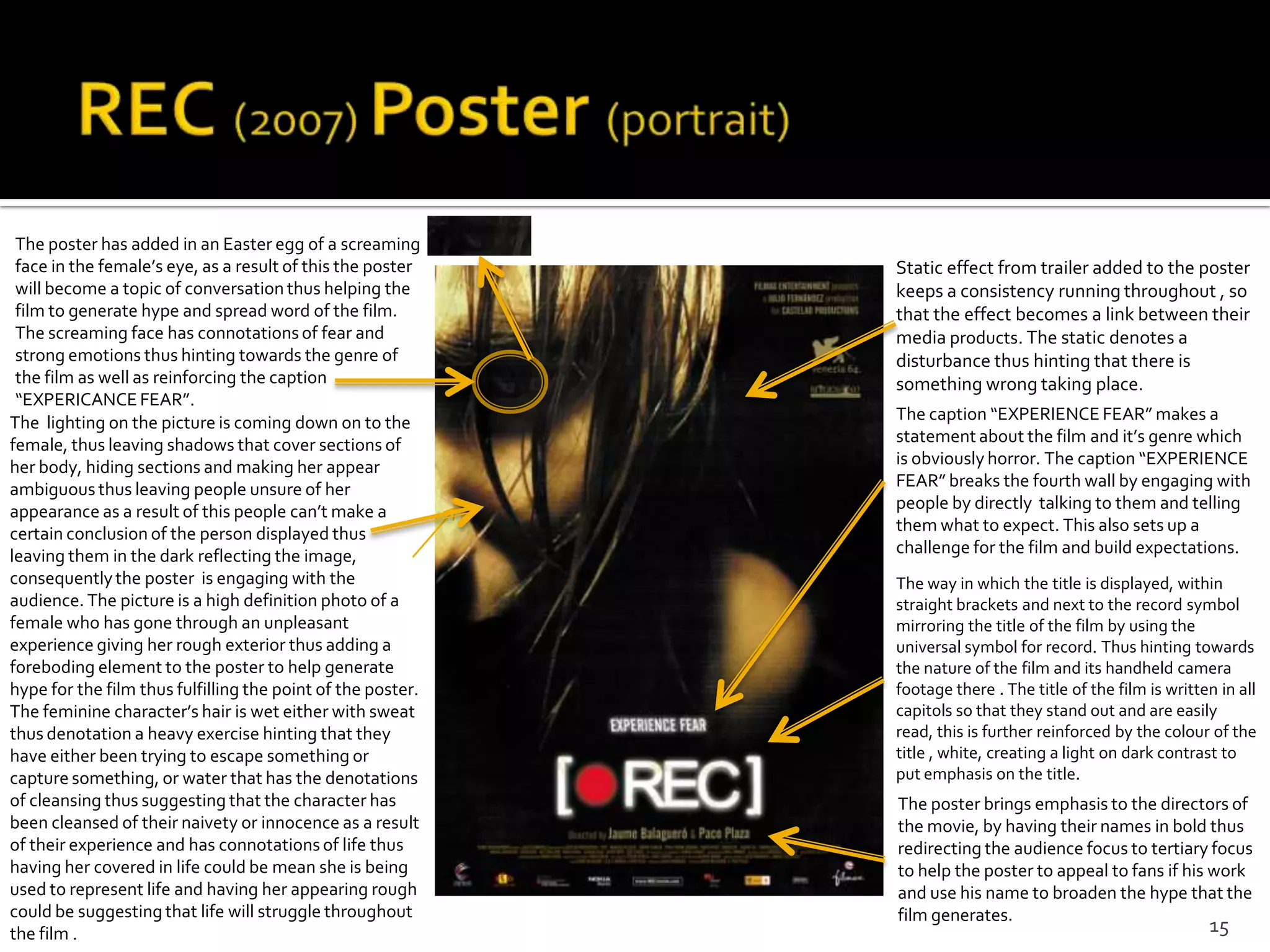The poster has added in an Easter egg of a screaming
 face in the female’s eye, as a result of this the poster    Static effect from trailer added to the poster
 will become a topic of conversation thus helping the        keeps a consistency running throughout , so
 film to generate hype and spread word of the film.          that the effect becomes a link between their
 The screaming face has connotations of fear and             media products. The static denotes a
 strong emotions thus hinting towards the genre of           disturbance thus hinting that there is
 the film as well as reinforcing the caption                 something wrong taking place.
 “EXPERICANCE FEAR”.
The lighting on the picture is coming down on to the         The caption “EXPERIENCE FEAR” makes a
female, thus leaving shadows that cover sections of          statement about the film and it’s genre which
her body, hiding sections and making her appear              is obviously horror. The caption “EXPERIENCE
ambiguous thus leaving people unsure of her                  FEAR” breaks the fourth wall by engaging with
appearance as a result of this people can’t make a           people by directly talking to them and telling
certain conclusion of the person displayed thus              them what to expect. This also sets up a
leaving them in the dark reflecting the image,               challenge for the film and build expectations.
consequently the poster is engaging with the                 The way in which the title is displayed, within
audience. The picture is a high definition photo of a        straight brackets and next to the record symbol
female who has gone through an unpleasant                    mirroring the title of the film by using the
experience giving her rough exterior thus adding a           universal symbol for record. Thus hinting towards
foreboding element to the poster to help generate            the nature of the film and its handheld camera
hype for the film thus fulfilling the point of the poster.   footage there . The title of the film is written in all
The feminine character’s hair is wet either with sweat       capitols so that they stand out and are easily
thus denotation a heavy exercise hinting that they           read, this is further reinforced by the colour of the
have either been trying to escape something or               title , white, creating a light on dark contrast to
capture something, or water that has the denotations         put emphasis on the title.
of cleansing thus suggesting that the character has          The poster brings emphasis to the directors of
been cleansed of their naivety or innocence as a result      the movie, by having their names in bold thus
of their experience and has connotations of life thus        redirecting the audience focus to tertiary focus
having her covered in life could be mean she is being        to help the poster to appeal to fans if his work
used to represent life and having her appearing rough        and use his name to broaden the hype that the
could be suggesting that life will struggle throughout       film generates.
the film .                                                                                                  15
 