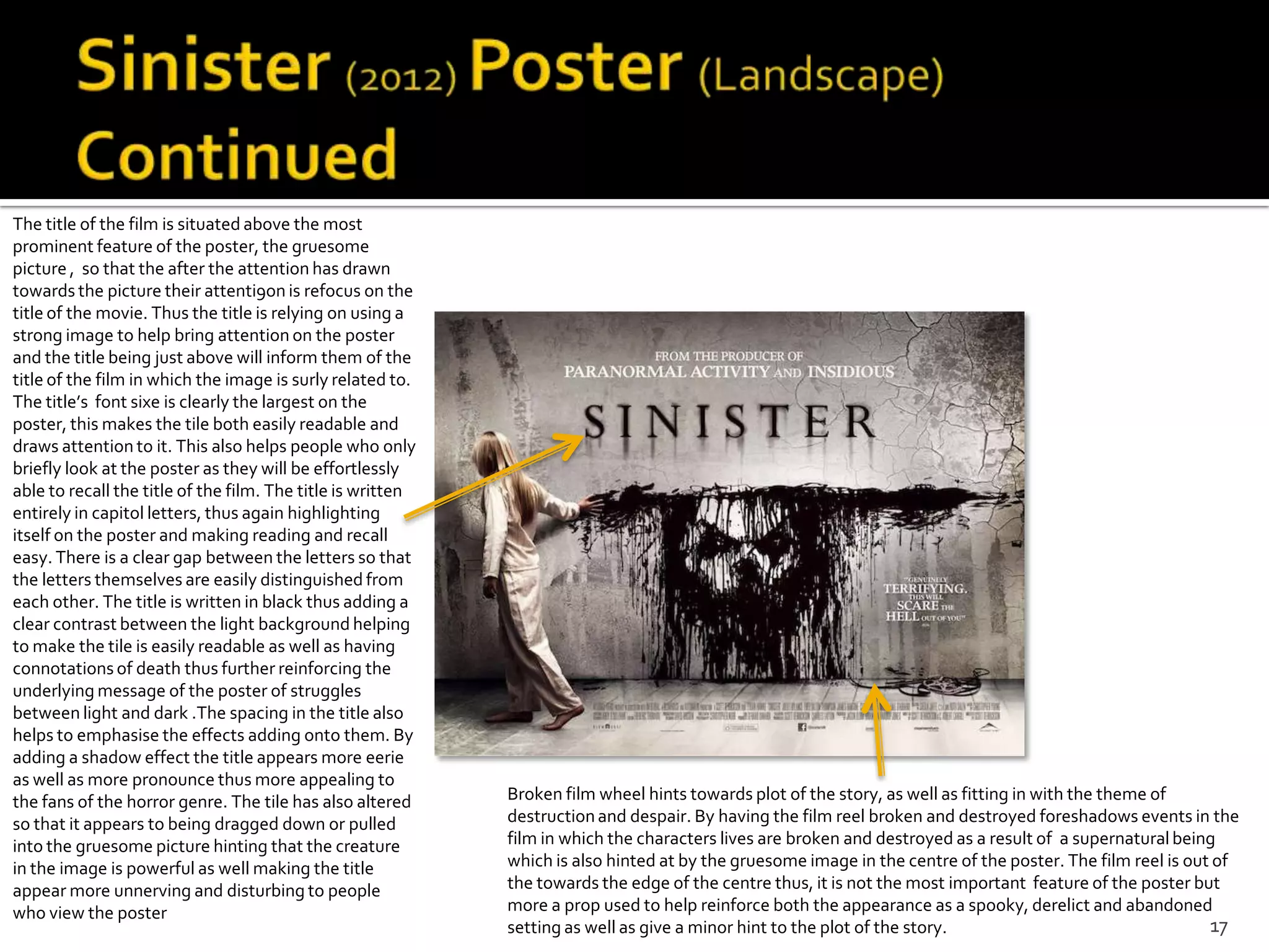 The title of the film is situated above the most
prominent feature of the poster, the gruesome
picture , so that the after the attention has drawn
towards the picture their attenti9on is refocus on the
title of the movie. Thus the title is relying on using a
strong image to help bring attention on the poster
and the title being just above will inform them of the
title of the film in which the image is surly related to.
The title’s font sixe is clearly the largest on the
poster, this makes the tile both easily readable and
draws attention to it. This also helps people who only
briefly look at the poster as they will be effortlessly
able to recall the title of the film. The title is written
entirely in capitol letters, thus again highlighting
itself on the poster and making reading and recall
easy. There is a clear gap between the letters so that
the letters themselves are easily distinguished from
each other. The title is written in black thus adding a
clear contrast between the light background helping
to make the tile is easily readable as well as having
connotations of death thus further reinforcing the
underlying message of the poster of struggles
between light and dark .The spacing in the title also
helps to emphasise the effects adding onto them. By
adding a shadow effect the title appears more eerie
as well as more pronounce thus more appealing to
the fans of the horror genre. The tile has also altered      Broken film wheel hints towards plot of the story, as well as fitting in with the theme of
so that it appears to being dragged down or pulled           destruction and despair. By having the film reel broken and destroyed foreshadows events in the
into the gruesome picture hinting that the creature          film in which the characters lives are broken and destroyed as a result of a supernatural being
in the image is powerful as well making the title            which is also hinted at by the gruesome image in the centre of the poster. The film reel is out of
appear more unnerving and disturbing to people               the towards the edge of the centre thus, it is not the most important feature of the poster but
who view the poster                                          more a prop used to help reinforce both the appearance as a spooky, derelict and abandoned
                                                             setting as well as give a minor hint to the plot of the story.                                 17
 