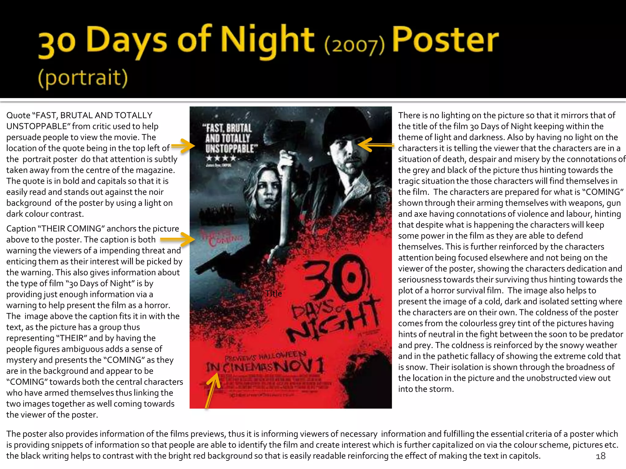 Quote “FAST, BRUTAL AND TOTALLY                                                                             There is no lighting on the picture so that it mirrors that of
UNSTOPPABLE” from critic used to help                                                                       the title of the film 30 Days of Night keeping within the
persuade people to view the movie. The                                                                      theme of light and darkness. Also by having no light on the
location of the quote being in the top left of                                                              characters it is telling the viewer that the characters are in a
the portrait poster do that attention is subtly                                                             situation of death, despair and misery by the connotations of
taken away from the centre of the magazine.                                                                 the grey and black of the picture thus hinting towards the
The quote is in bold and capitals so that it is                                                             tragic situation the those characters will find themselves in
easily read and stands out against the noir                                                                 the film. The characters are prepared for what is “COMING”
background of the poster by using a light on                                                                shown through their arming themselves with weapons, gun
dark colour contrast.                                                                                       and axe having connotations of violence and labour, hinting
Caption “THEIR COMING” anchors the picture                                                                  that despite what is happening the characters will keep
above to the poster. The caption is both                                                                    some power in the film as they are able to defend
warning the viewers of a impending threat and                                                               themselves. This is further reinforced by the characters
enticing them as their interest will be picked by                                                           attention being focused elsewhere and not being on the
the warning. This also gives information about                                                              viewer of the poster, showing the characters dedication and
the type of film “30 Days of Night” is by                                                                   seriousness towards their surviving thus hinting towards the
providing just enough information via a                                Title                                plot of a horror survival film. The image also helps to
warning to help present the film as a horror.                                                               present the image of a cold, dark and isolated setting where
The image above the caption fits it in with the                                                             the characters are on their own. The coldness of the poster
text, as the picture has a group thus                                                                       comes from the colourless grey tint of the pictures having
representing “THEIR” and by having the                                                                      hints of neutral in the fight between the soon to be predator
people figures ambiguous adds a sense of                                                                    and prey. The coldness is reinforced by the snowy weather
mystery and presents the “COMING” as they                                                                   and in the pathetic fallacy of showing the extreme cold that
are in the background and appear to be                                                                      is snow. Their isolation is shown through the broadness of
“COMING” towards both the central characters                                                                the location in the picture and the unobstructed view out
who have armed themselves thus linking the                                                                  into the storm.
two images together as well coming towards
the viewer of the poster.

The poster also provides information of the films previews, thus it is informing viewers of necessary information and fulfilling the essential criteria of a poster which
is providing snippets of information so that people are able to identify the film and create interest which is further capitalized on via the colour scheme, pictures etc.
the black writing helps to contrast with the bright red background so that is easily readable reinforcing the effect of making the text in capitols.                18
 