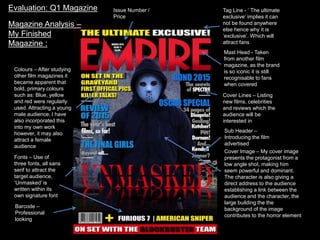 Evaluation: Q1 Magazine
Mast Head - Taken
from another film
magazine, as the brand
is so iconic it is still
recognisable to fans
when covered
Tag Line - ‘ The ultimate
exclusive’ implies it can
not be found anywhere
else hence why it is
‘exclusive’. Which will
attract fans
Cover Lines – Listing
new films, celebrities
and reviews which the
audience will be
interested in
Sub Header –
Introducing the film
advertised
Barcode –
Professional
looking
Fonts – Use of
three fonts, all sans
serif to attract the
target audience,
‘Unmasked’ is
written within its
own signature font
Colours – After studying
other film magazines it
became apparent that
bold, primary colours
such as: Blue, yellow
and red were regularly
used. Attracting a young
male audience, I have
also incorporated this
into my own work
however, it may also
attract a female
audience
Issue Number /
Price
Cover Image – My cover image
presents the protagonist from a
low angle shot, making him
seem powerful and dominant.
The character is also giving a
direct address to the audience
establishing a link between the
audience and the character, the
large building the the
background of the image
contributes to the horror element
Magazine Analysis –
My Finished
Magazine :
 