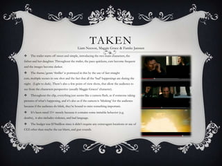TAKEN
                                            Liam Neeson, Maggie Grace & Famke Janssen

    The trailer starts off sweet and simple, introducing the two main characters, the
father and her daughter. Throughout the trailer, the pace quickens, cuts become frequent
and the images become darker.
    The theme/genre ‘thriller’ is portrayed in this by the use of fast straight
cuts, multiple scenes in one shot and the fact that all the ‘bad’ happenings are during the
night. (Light to dark). There’s also a few point of view shots, that allow the audience to
see from the characters perspective (usually Maggie Graces’ character).
    Throughout the clip, everything just seems like a camera flash, as if someone taking
pictures of what’s happening, and it’s also as if the camera is ‘blinking’ for the audience
because if the audience do blink, they’re bound to miss something important.
    It’s been rated 15+ merely because it contains some imitable behavior (e.g.
deaths), it also includes violence, and bad language.
    The budget was $19million since it didn’t require any extravagant locations or use of
CGI other than maybe the car blasts, and gun sounds.
 