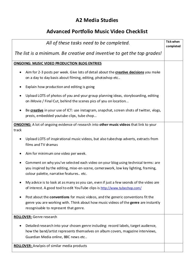 A2 Media Studies Blog Checklist -