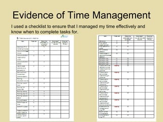 Evidence of Time Management I used a checklist to ensure that I managed my time effectively and know when to complete tasks for. 