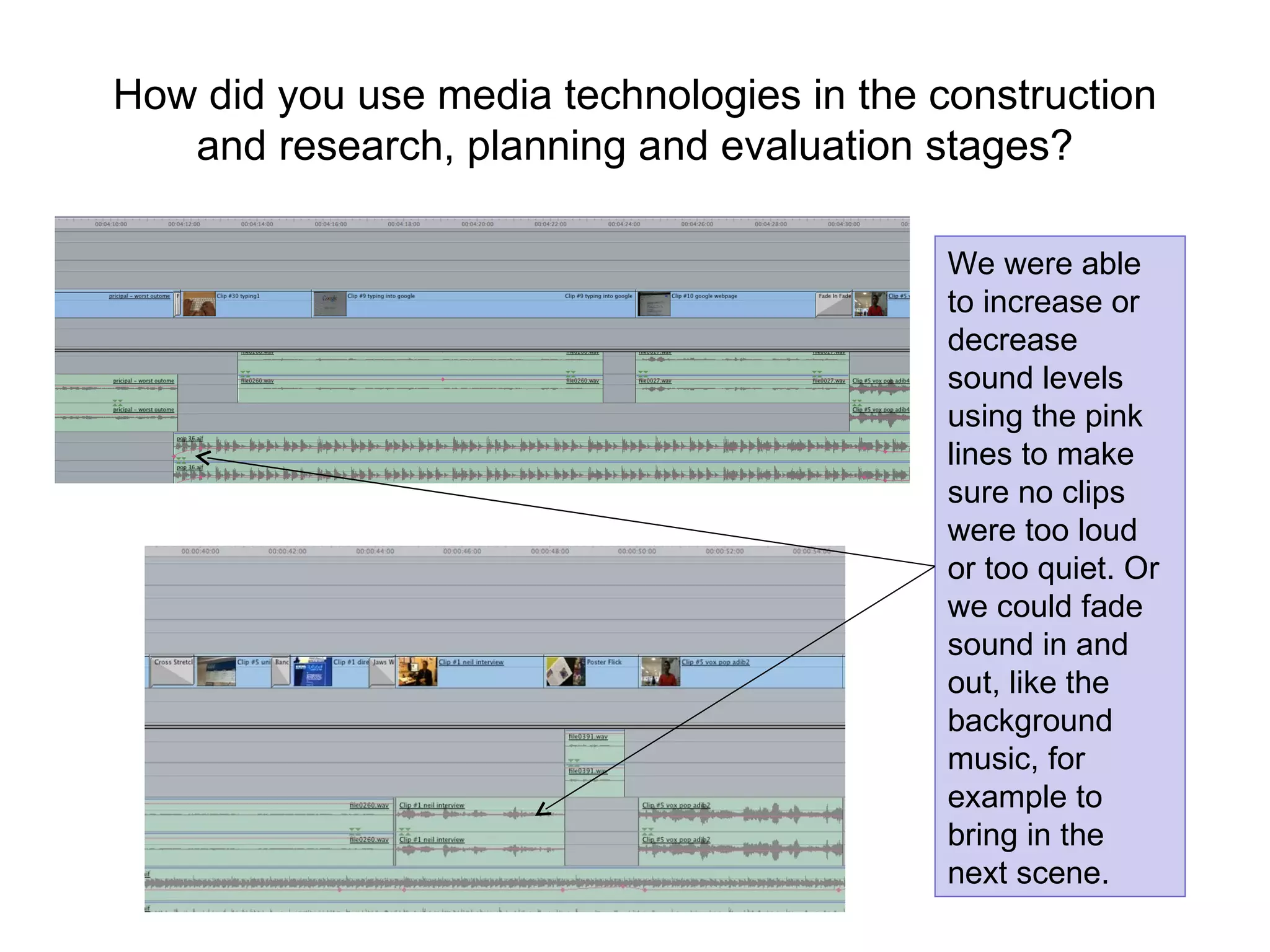 How did you use media technologies in the construction and research, planning and evaluation stages? We were able to increase or decrease sound levels using the pink lines to make sure no clips were too loud or too quiet. Or we could fade sound in and out, like the background music, for example to bring in the next scene. 