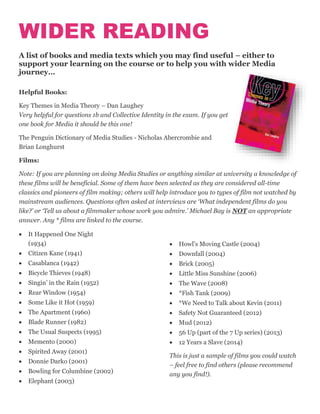 WIDER READING
A list of books and media texts which you may find useful – either to
support your learning on the course or to help you with wider Media
journey…
Helpful Books:
Key Themes in Media Theory – Dan Laughey
Very helpful for questions 1b and Collective Identity in the exam. If you get
one book for Media it should be this one!
The Penguin Dictionary of Media Studies - Nicholas Abercrombie and
Brian Longhurst
Films:
Note: If you are planning on doing Media Studies or anything similar at university a knowledge of
these films will be beneficial. Some of them have been selected as they are considered all-time
classics and pioneers of film making; others will help introduce you to types of film not watched by
mainstream audiences. Questions often asked at interviews are ‘What independent films do you
like?’ or ‘Tell us about a filmmaker whose work you admire.’ Michael Bay is NOT an appropriate
answer. Any * films are linked to the course.
 It Happened One Night
(1934)
 Citizen Kane (1941)
 Casablanca (1942)
 Bicycle Thieves (1948)
 Singin’ in the Rain (1952)
 Rear Window (1954)
 Some Like it Hot (1959)
 The Apartment (1960)
 Blade Runner (1982)
 The Usual Suspects (1995)
 Memento (2000)
 Spirited Away (2001)
 Donnie Darko (2001)
 Bowling for Columbine (2002)
 Elephant (2003)
 Howl’s Moving Castle (2004)
 Downfall (2004)
 Brick (2005)
 Little Miss Sunshine (2006)
 The Wave (2008)
 *Fish Tank (2009)
 *We Need to Talk about Kevin (2011)
 Safety Not Guaranteed (2012)
 Mud (2012)
 56 Up (part of the 7 Up series) (2013)
 12 Years a Slave (2014)
This is just a sample of films you could watch
– feel free to find others (please recommend
any you find!).
 