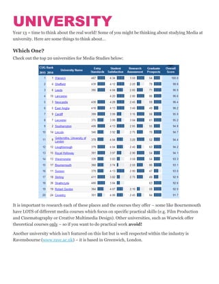 UNIVERSITY
Year 13 = time to think about the real world! Some of you might be thinking about studying Media at
university. Here are some things to think about…
Which One?
Check out the top 20 universities for Media Studies below:
It is important to research each of these places and the courses they offer – some like Bournemouth
have LOTS of different media courses which focus on specific practical skills (e.g. Film Production
and Cinematography or Creative Multimedia Design). Other universities, such as Warwick offer
theoretical courses only – so if you want to do practical work avoid!
Another university which isn’t featured on this list but is well respected within the industry is
Ravensbourne (www.rave.ac.uk) – it is based in Greenwich, London.
 