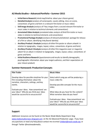 A2 MediaStudies –AdvancedPortfolio – Summer 2015
o Initial Genre Research (mind-map/timeline about your chosen genre)
o Detailed Analysis (analysis of camerawork, sound, editing, mise-en-scene,
conventions of genre and form in a relevant film trailer or music video)
o Still Image Analysis (analysis of 7 key images from a second relevant filmtrailer or
music video in relation to technical elements and conventions)
o Annotated Video Analysis (annotated video analysis of third film trailer or music
video in relation to technical elements and conventions)
o Promotional Package Analysis (analysis of relevant promotional package for release
of a film or album, identifying links/brand identity)
o Ancillary Product 1 Analysis (analysis of either film poster or album artwork in
relation to typography, images, layout, colour, conventions of genre and form)
o Ancillary Product 2 Analysis (analysis of either film magazine cover or magazine
advert for an album in relation to typography, images, layout, colour, conventions of
genre and form)
o Initial Audience Research (questionnaire and results to identify demographic,
psychographic information about your target audience, and their expectations of
your chosen product)
Summer Homework: ProductionConcepts
Film Trailer
Develop ideas for possible storylines for your
film including information about the
narrative, characters, settings, and key
events.
Evaluate your ideas. How conventional are
your ideas? Why do you think your ideas
would be successful or unsuccessful?
Music Video
Select which song you will be producing a
music video for.
Develop possible concepts for the music
video.
What ideas do you have for the content?
What narrative ideas do you have?
Evaluate your ideas. How conventional are
your ideas? Why do you think your ideas
would be successful or unsuccessful?
Support
Additional resources can be found on the Neale-Wade Media Department blog
www.mediastudiesnwcc.blogspot.com on the A2 Advanced Production page. If you have
any questions or need any help please contact me via email jhibbert@neale-wade.org or
through Twitter @nealewademedia.
 