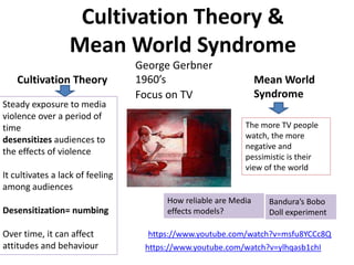 Cultivation Theory &
Mean World Syndrome
George Gerbner
1960’s
Focus on TV
Steady exposure to media
violence over a period...