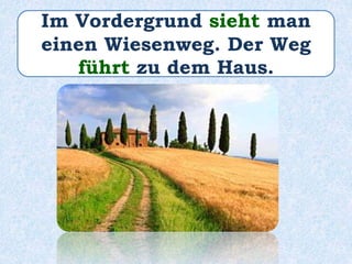 Im Vordergrund sieht man
einen Wiesenweg. Der Weg
führt zu dem Haus.
 