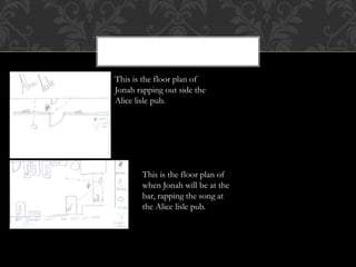 This is the floor plan of
Jonah rapping out side the
Alice lisle pub.
This is the floor plan of
when Jonah will be at the
bar, rapping the song at
the Alice lisle pub.
 