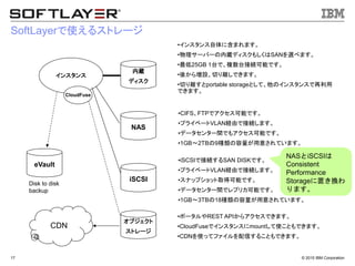 &copy; 2015 IBM Corporation17
SoftLayerで使えるストレージ
インスタンス
内蔵
ディスク
NAS
オブジェクト
ストレージ
CloudFuse
&bull;インスタンス自体に含まれます。
&bull;物理サーバーの内蔵ディスクもしくはSANを選べます。
&bull;最低25GB 1台で、複数台接続可能です。
&bull;後から増設、切り離しできます。
&bull;切り離すとportable storageとして、他のインスタンスで再利用
できます。
&bull;CIFS、FTPでアクセス可能です。
&bull;プライベートVLAN経由で接続します。
&bull;データセンター間でもアクセス可能です。
&bull;1GB～2TBの9種類の容量が用意されています。
&bull;ポータルやREST APIからアクセスできます。
&bull;CloudFuseでインスタンスにmountして使こともできます。
&bull;CDNを使ってファイルを配信することもできます。
CDN
iSCSI
&bull;iSCSIで接続するSAN DISKです。
&bull;プライベートVLAN経由で接続します。
&bull;スナップショット取得可能です。
&bull;データセンター間でレプリカ可能です。
&bull;1GB～3TBの18種類の容量が用意されています。
eVault
Disk to disk
backup
NASとiSCSIは
Consistent
Performance
Storageに置き換わ
ります。
 