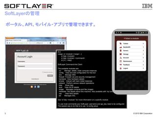 &copy; 2015 IBM Corporation3
SoftLayerの管理
$ sl
usage: sl <module> [<args>...]
sl help <module>
sl help <module> <command>
sl [-h | --help]
SoftLayer Command-line Client
The available modules are:
cci Manage, delete, order compute instances
config View and edit configuration for this tool
dns Manage DNS
firewall Firewall rule and security management
hardware View hardware details
bmetal Interact with bare metal instances
network Perform various network operations
help Show help
iscsi View iSCSI details
image Manages compute and flex images
metadata Get details about this machine. Also available with 'my' and 'meta'
nas View NAS details
ssl Manages SSL
See 'sl help <module>' for more information on a specific module.
To use most commands your SoftLayer username and api_key need to be configured.
The easiest way to do that is to use: 'sl config setup'
ポータル、API、モバイル・アプリで管理できます。
 