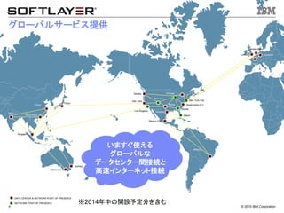 &copy; 2015 IBM Corporation4
India
China
Tokyo
Hong Kong
Singapore
Melbourne
Seattle
San Jose
Los Angeles
Mexico City
Denver
Chicago
Dallas
Houston
BRAZIL
New York City
Washington D.C.
Miami
London Frankfurt
Amsterdam
Paris
Sydney
Atlanta
DATA CENTER & NETWORK POINT OF PRESENCE
NETWORK POINT OF PRESENCE
グローバルサービス提供
※2014年中の開設予定分を含む
いますぐ使える
グローバルな
データセンター間接続と
高速インターネット接続
 