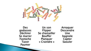 Des
godasses
Déchirer
Se marrer
Fastoche
Taxer
Paumer
Un son
Flipper
Se chamailler
Bouffer
Planquer
« Craindre »
Arnaquer
Descendre
Une
bagnole
Capter
Saouler
 