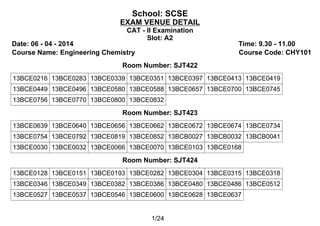 School: SCSE
EXAM VENUE DETAIL
CAT - II Examination
Slot: A2
Date: 06 - 04 - 2014 Time: 9.30 - 11.00
Course Name: Engineering Chemistry Course Code: CHY101
Room Number: SJT422
13BCE0216 13BCE0283 13BCE0339 13BCE0351 13BCE0397 13BCE0413 13BCE0419
13BCE0449 13BCE0496 13BCE0580 13BCE0588 13BCE0657 13BCE0700 13BCE0745
13BCE0756 13BCE0770 13BCE0800 13BCE0832
Room Number: SJT423
13BCE0639 13BCE0640 13BCE0656 13BCE0662 13BCE0672 13BCE0674 13BCE0734
13BCE0754 13BCE0792 13BCE0819 13BCE0852 13BCB0027 13BCB0032 13BCB0041
13BCE0030 13BCE0032 13BCE0066 13BCE0070 13BCE0103 13BCE0168
Room Number: SJT424
13BCE0128 13BCE0151 13BCE0193 13BCE0282 13BCE0304 13BCE0315 13BCE0318
13BCE0346 13BCE0349 13BCE0382 13BCE0386 13BCE0480 13BCE0486 13BCE0512
13BCE0527 13BCE0537 13BCE0546 13BCE0600 13BCE0628 13BCE0637
1/24
 
