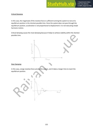 155
Critical Damping
In this case, the magnitude of the resistive force is sufficient to bring the system to rest at its
equilibrium position in the shortest possible time. Since the system does not pass through the
equilibrium position, acceleration is not proportional to displacement. It is not executing simple
harmonic motion.
Critical damping causes the most damping because it helps to achieve stability within the shortest
possible time.
Over Damping
In this case, a large resistive force acts on the system, and it takes a longer time to reach the
equilibrium position.
 