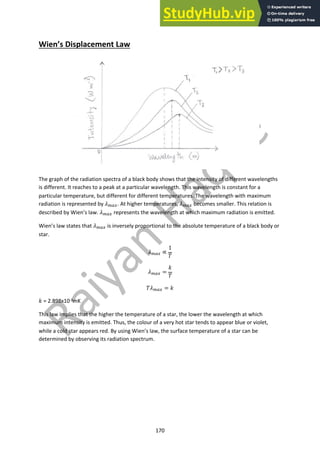 170
Wien’s Displacement Law
The graph of the radiation spectra of a black body shows that the intensity of different wavelengths
is different. It reaches to a peak at a particular wavelength. This wavelength is constant for a
particular temperature, but different for different temperatures. The wavelength with maximum
radiation is represented by !!"#. At higher temperatures, !!"# becomes smaller. This relation is
described by Wien’s law. !!"# represents the wavelength at which maximum radiation is emitted.
Wien’s law states that !!"# is inversely proportional to the absolute temperature of a black body or
star.
!!"# ∝
1
$
!!"# =
&
$
$!!"# = &
& = 2.898x10-3mK
This law implies that the higher the temperature of a star, the lower the wavelength at which
maximum intensity is emitted. Thus, the colour of a very hot star tends to appear blue or violet,
while a cold star appears red. By using Wien’s law, the surface temperature of a star can be
determined by observing its radiation spectrum.
 