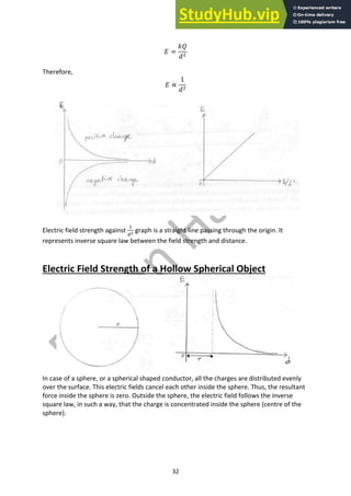 32
𝐸 =
𝑘𝑄
𝑑#
Therefore,
𝐸 ∝
1
𝑑#
Electric field strength against
"
6%
graph is a straight line passing through the origin. It
represents inverse square law between the field strength and distance.
Electric Field Strength of a Hollow Spherical Object
In case of a sphere, or a spherical shaped conductor, all the charges are distributed evenly
over the surface. This electric fields cancel each other inside the sphere. Thus, the resultant
force inside the sphere is zero. Outside the sphere, the electric field follows the inverse
square law, in such a way, that the charge is concentrated inside the sphere (centre of the
sphere).
 