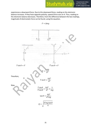 35
experiences a downward force. Due to this downward force, reading on the electronic
balance increases. If they have opposite polarity, upward force acts on A. Thus, reading on
the electronic balance decreases. Therefore, from the difference between the two readings,
magnitude of electrostatic force can be found, using the equation,
𝐹 = ∆𝑚𝑔
𝑇 sin 𝜃 = 𝐹 𝑇 cos 𝜃 = 𝐹
𝐹 =
𝑘𝑄𝑄
𝑑#
Therefore,
𝑇 sin 𝜃 =
𝑘𝑄#
𝑑#
Now,
𝑇 sin 𝜃
𝑇 cos 𝜃
=
𝑘𝑄#
𝑑#
×
1
𝑚𝑔
tan 𝜃 =
𝑘𝑄#
𝑑#𝑚𝑔
𝑄 = b
𝑑#𝑚𝑔 tan 𝜃
𝑘
 