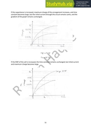 55
If the capacitance is increased, maximum charge of the arrangement increases, and time
constant becomes large, but the initial current through the circuit remains same, and the
gradient of the graph remains unchanged.
↑ 𝑄 = ↑ 𝐶 𝑉
↑ 𝜏 = 𝑅 ↑ 𝐶
If the EMF of the cell is increased, the time constant remains unchanged, but initial current
and maximum charge becomes large.
 