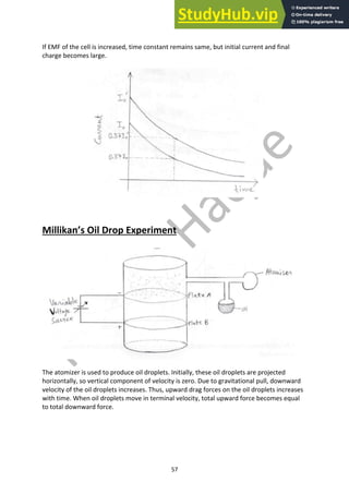 57
If EMF of the cell is increased, time constant remains same, but initial current and final
charge becomes large.
Millikan’s Oil Drop Experiment
The atomizer is used to produce oil droplets. Initially, these oil droplets are projected
horizontally, so vertical component of velocity is zero. Due to gravitational pull, downward
velocity of the oil droplets increases. Thus, upward drag forces on the oil droplets increases
with time. When oil droplets move in terminal velocity, total upward force becomes equal
to total downward force.
 